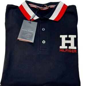 Tommy Hilfiger Men's Cotton Polo Shirt Size S Black Logo Red Collar Trim Soft
